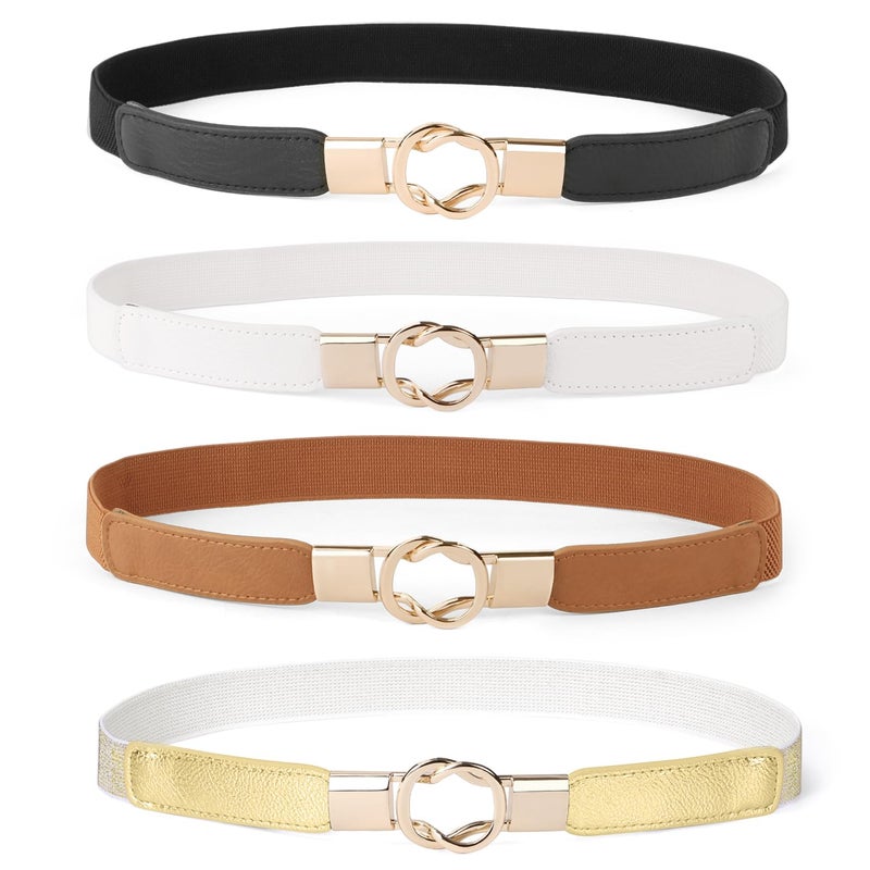 WERFORU Women Skinny Belt for Dresses Retro Stretch Waist Belt with Gold Buckle Set of 4,Black+Brown+White+Gold - Image 1